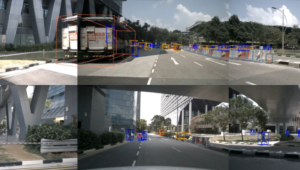 A mosaic of the six different camera views around the car with the object bounding boxes rendered overtop of the images